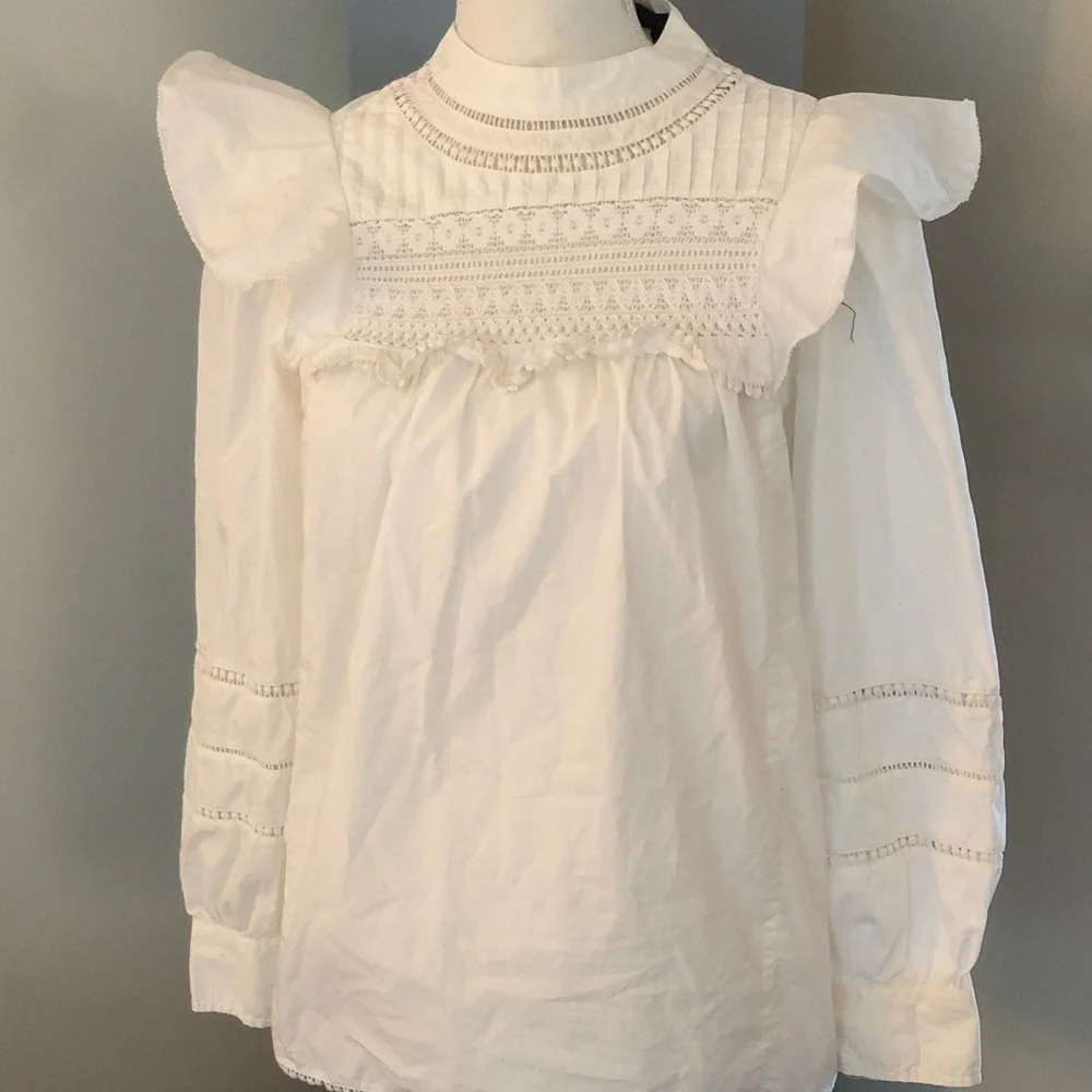 J. Crew White Lace Yoke Puff-Sleeve Blouse